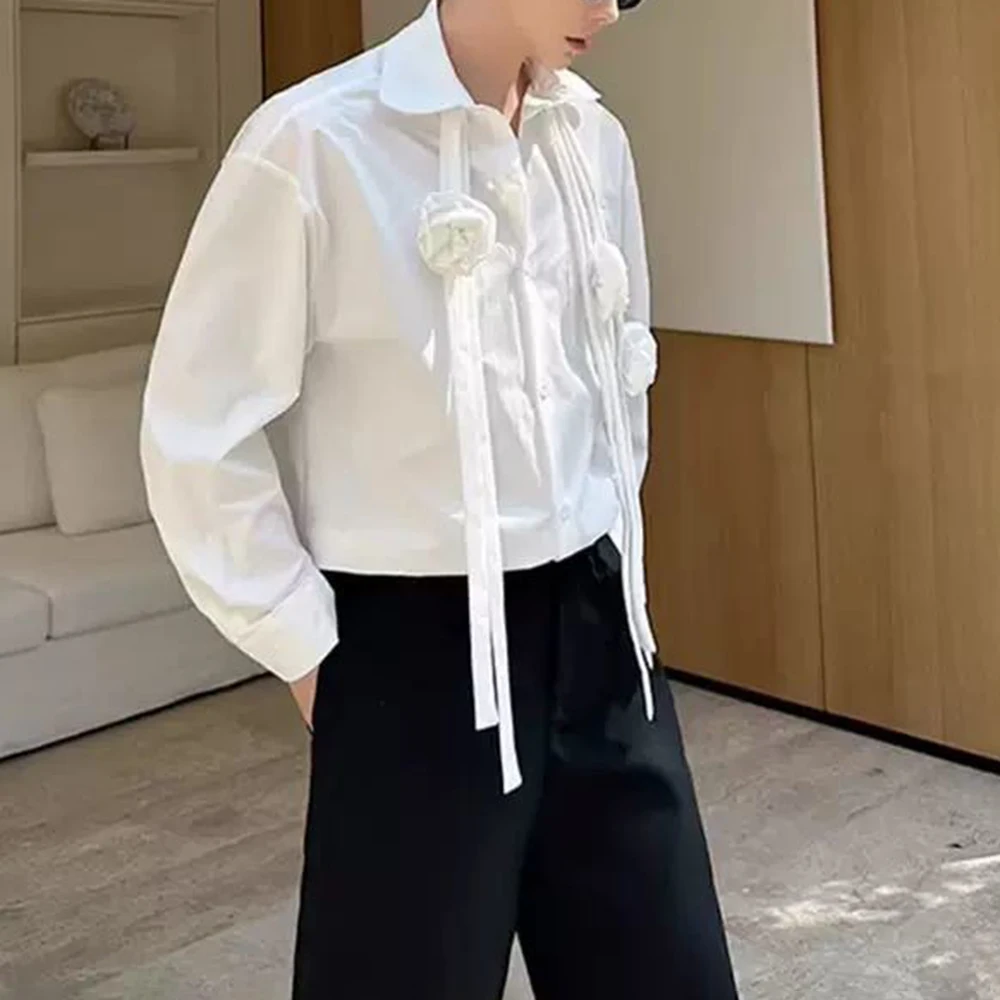 여름 남성 솔리드 컬러 입체 꽃 리본 긴팔 셔츠 라이트 럭셔리 레트로 패션 트렌드 캐주얼 남성상의