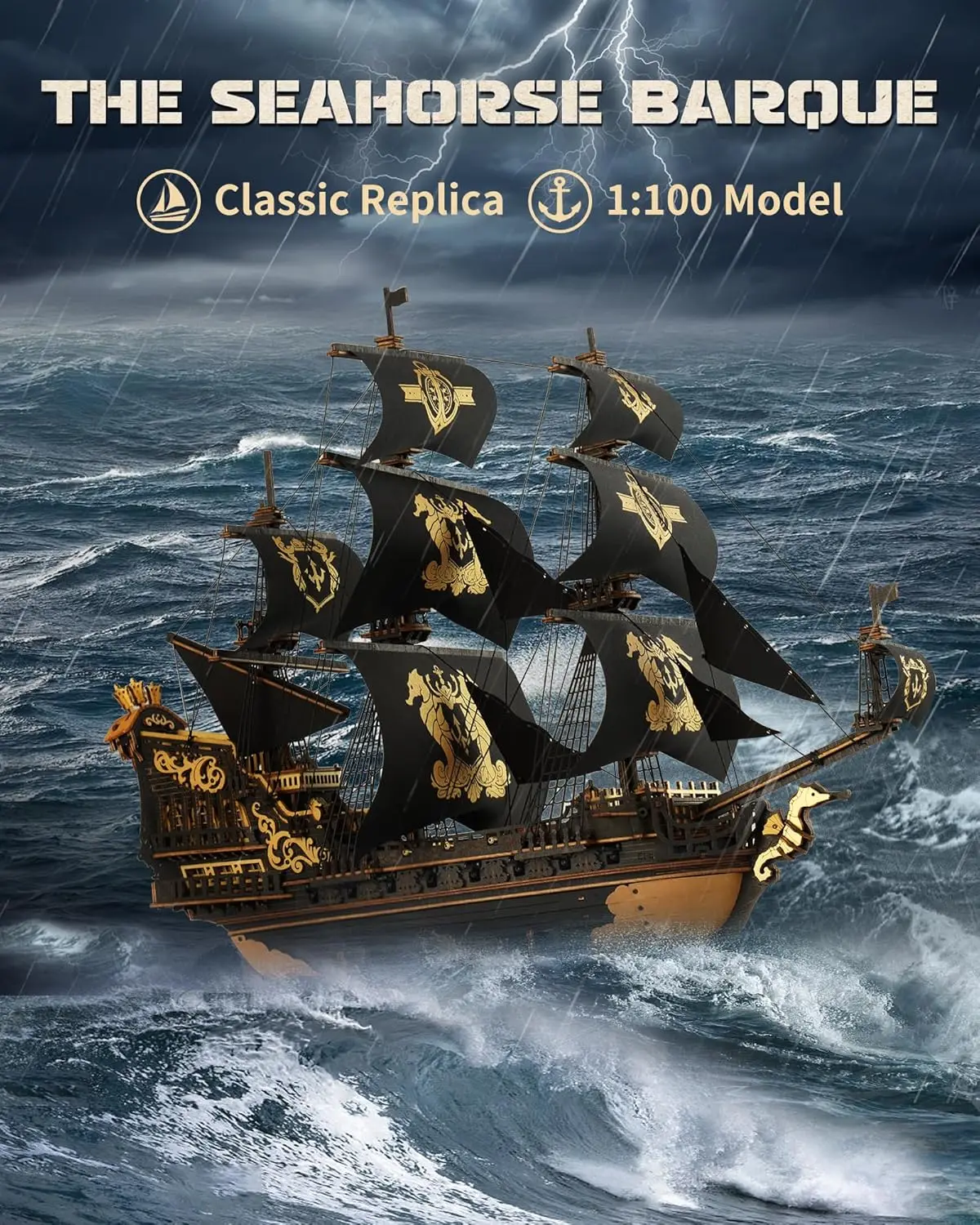 Seahorse Barque 3D-Holzpuzzle für Erwachsene – Segelboot-Modellbausatz, 603-teilige DIY-Montage, Segelboot im Maßstab 1:100 MCB02