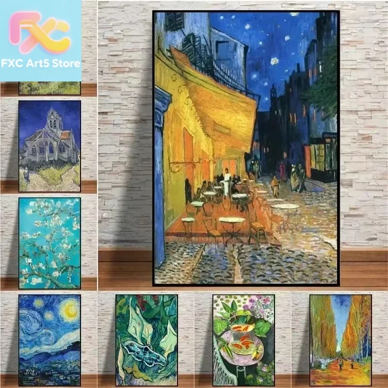 1 Stück rahmenloses Kunstdruck-Poster von Vincent Van Gogh aus der Classic Collection, Leinwandgemälde „Terrasse bei Nacht mit Irissen“, Wandbilddruck für das Wohnzimmer