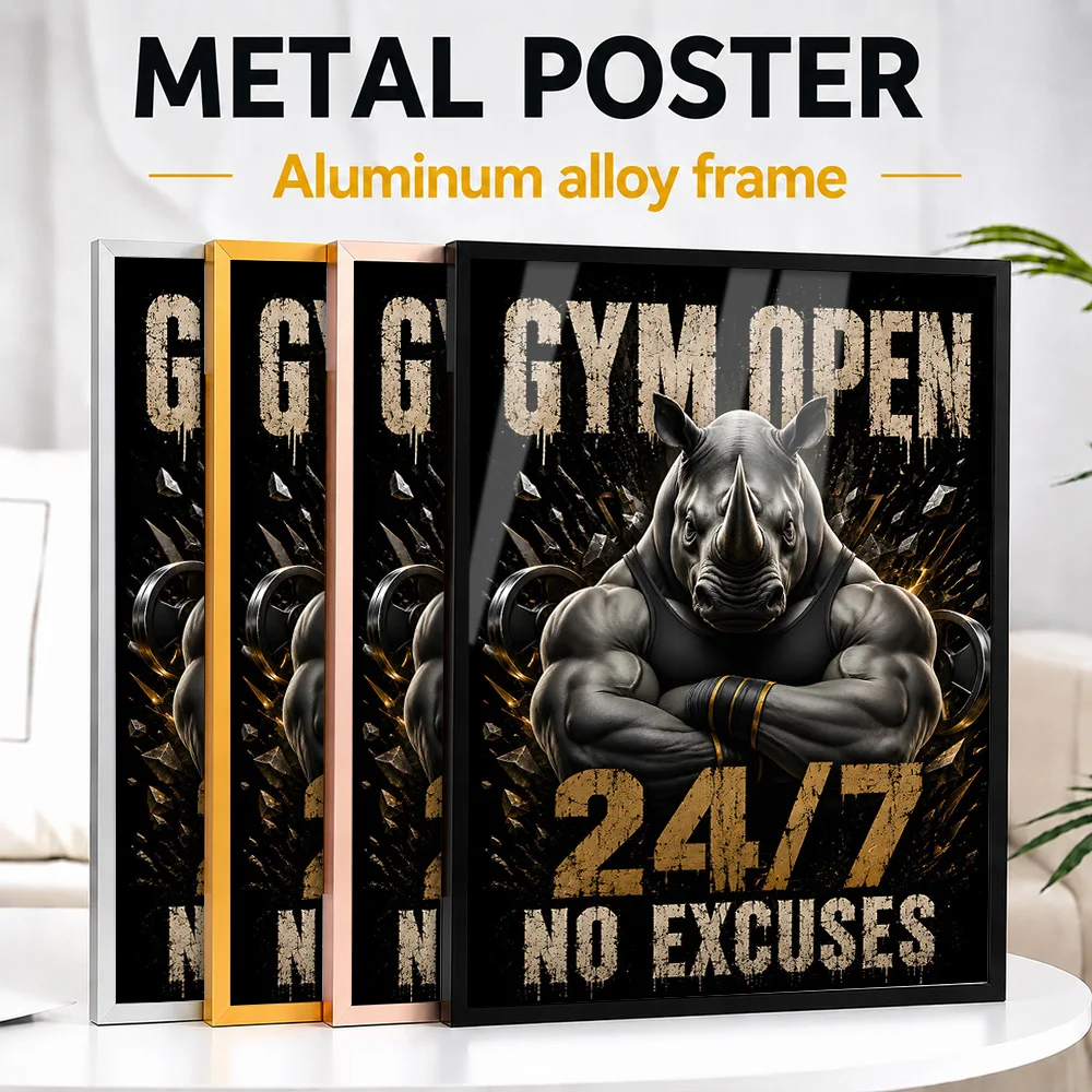 Rhinoceros Gym Open 24/7 No Excuses Grungy Framed Metal Print Customized Photo High Contrast Style Wall Art For Workout Studio