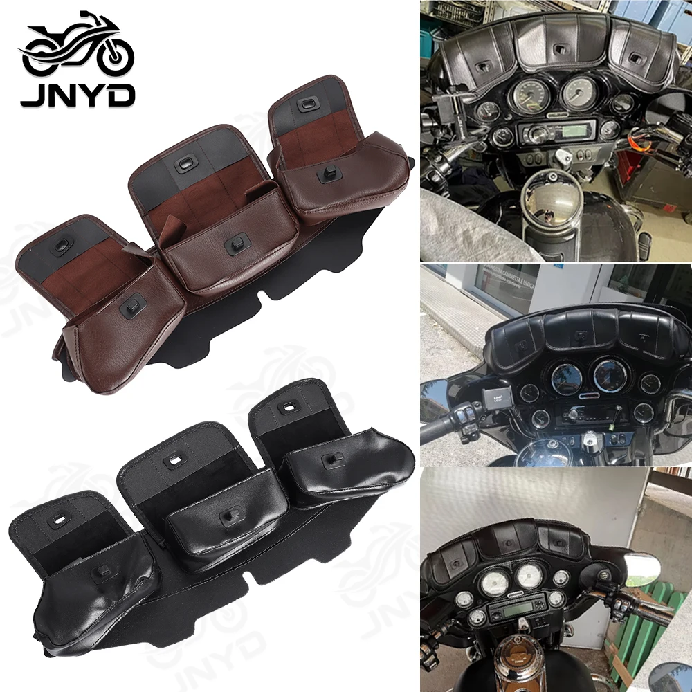 JNYD Motorcycle 3-Pocket Windshield Batwing Fairing Pouch Bag PU Leather For Harley Electra Street Glide Touring