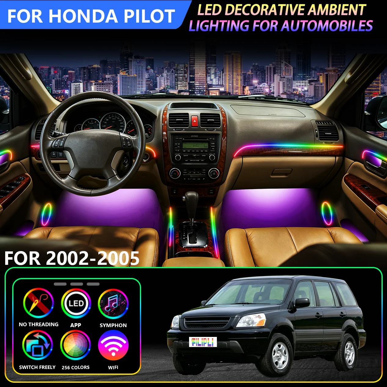 Vehicle Colorful Ambient LED Lights, For Honda Pilot 2002-2005 Surround Design, Through Console, Soft Glow Non-Glaring, Door Footwell Lights, Interior Upgrade Must-Have