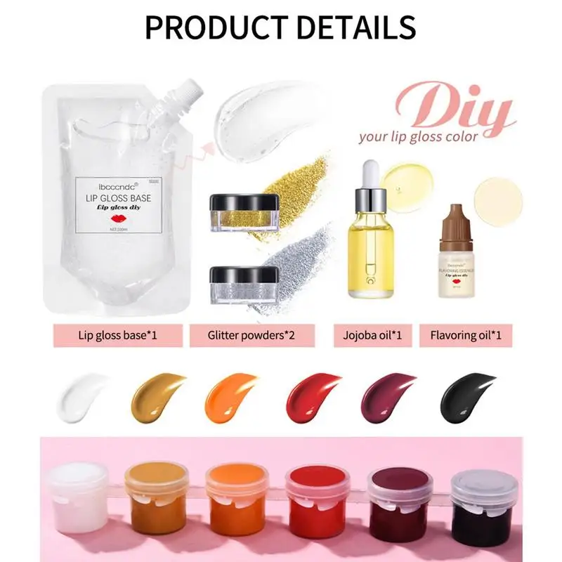 

NEW DIY Lip Gloss Kit Moisturizing Clear Lip Gloss Base Gel with Lipgloss Tube Pigment Powder Glitter Flavor Essence Flavoring