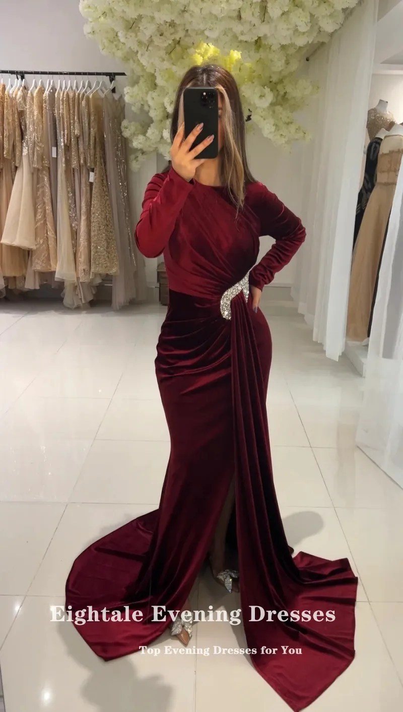 Vestido de noche de terciopelo Eightale para fiesta de boda, cuello redondo, mangas largas con cuentas, sirena, Dubai, árabe, Borgoña, vestidos de graduación personalizados