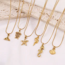 316L Stainless Steel Ocean Shell Pendant Necklace For Women Gold Color Conch Starfish Seahorse Chain Necklaces Jewelry