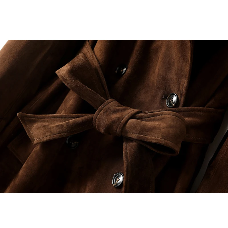 100 % echtes Leder Trenchcoat Damen High Luxus Ziegenleder Wildleder Retro Braun Kaffee Verlängern Schnürung Zweireiher Trenchcoat