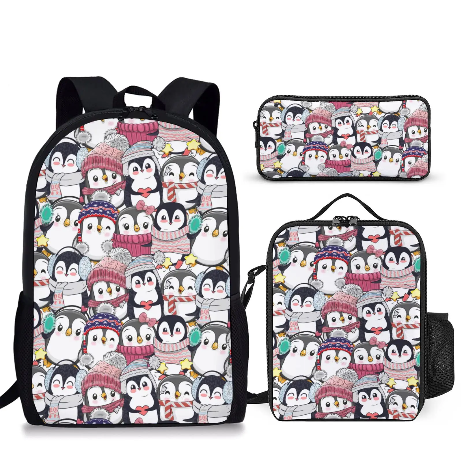 Cartoon Penguin Printed Large Capacity Student 3Pcs School Bag Set Teenager Girls Boys Casual Backpack Lunch Bag Pencil Bag