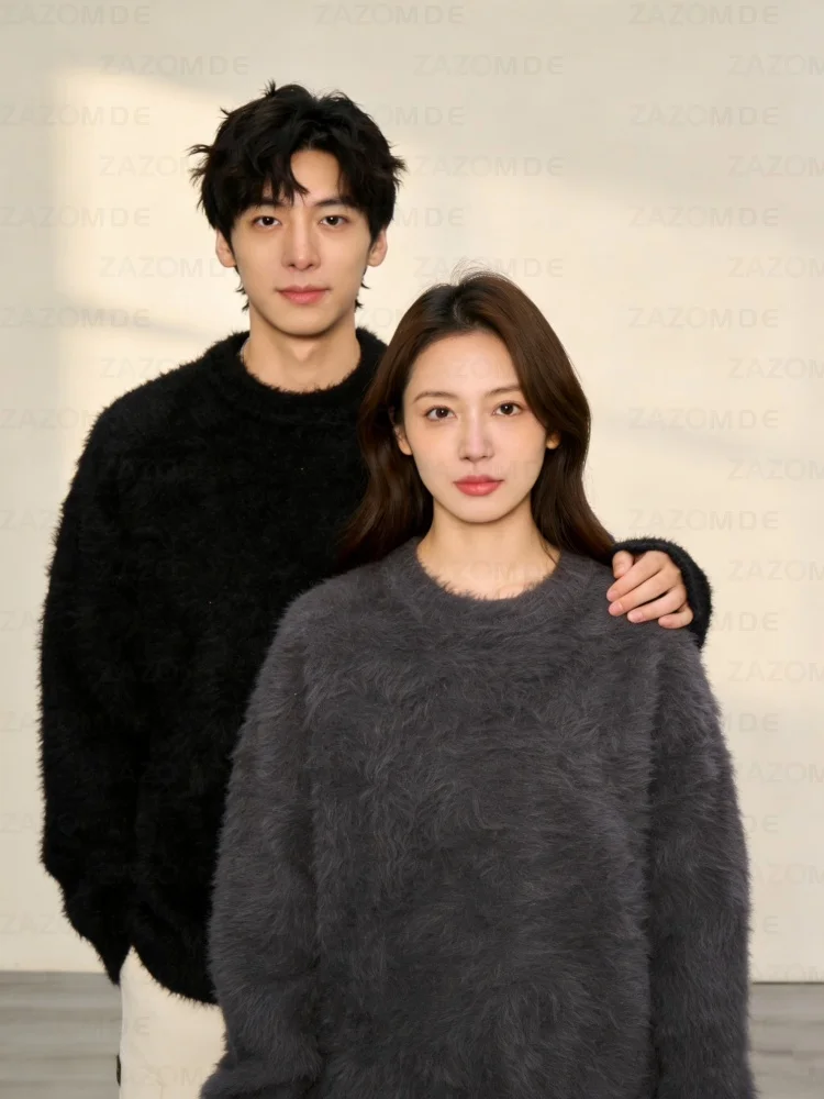 

ZAZOMDE Korean Style High Street Winter Sweater Solid Color Long Sleeve Loose Fit Couple Pullover Trendy Streetwear Fashion