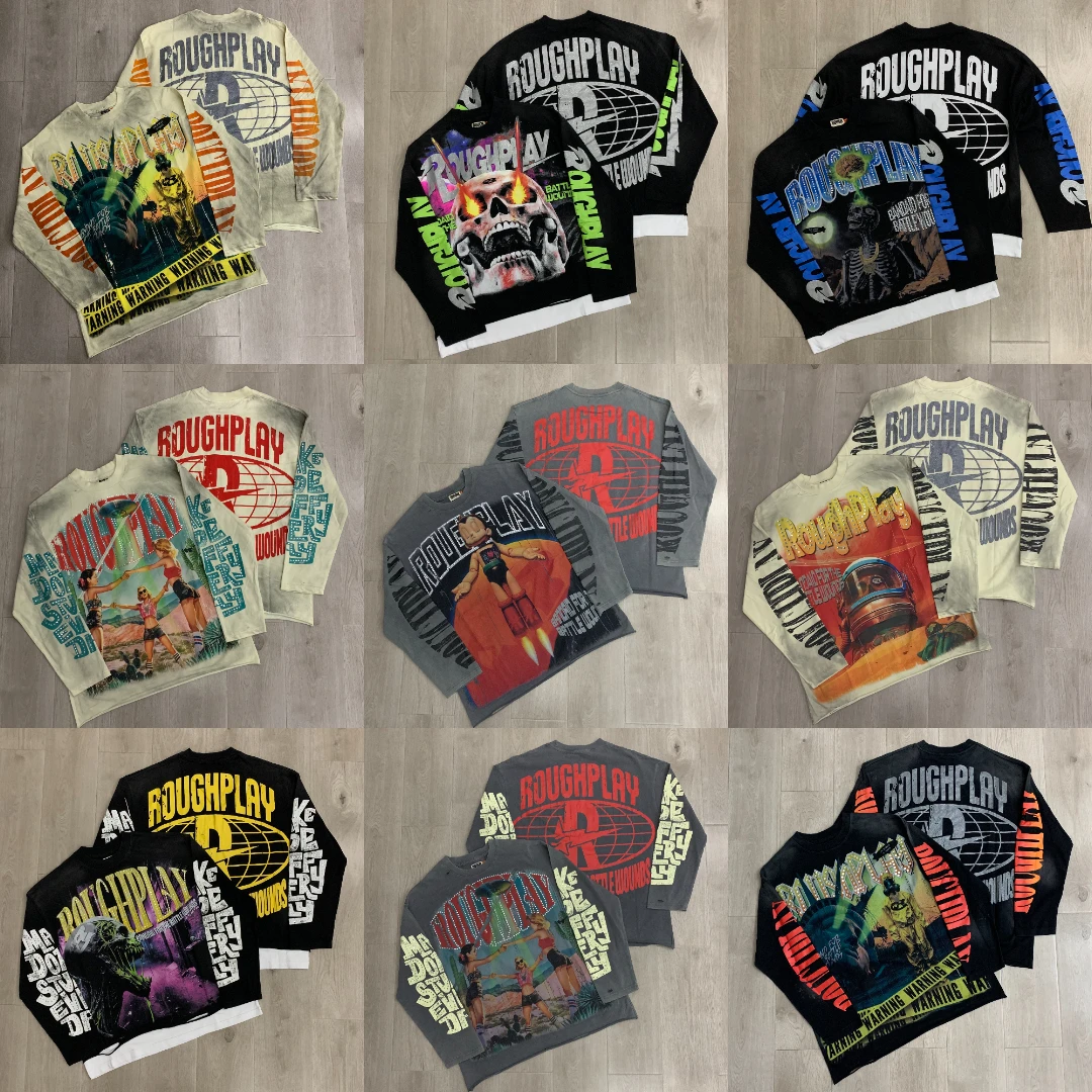 26SS New High Street Rough Play Men T-Shirts Hip Hop Shining Diamond Long Sleeve American Streetwear High Quality Tops Tees
