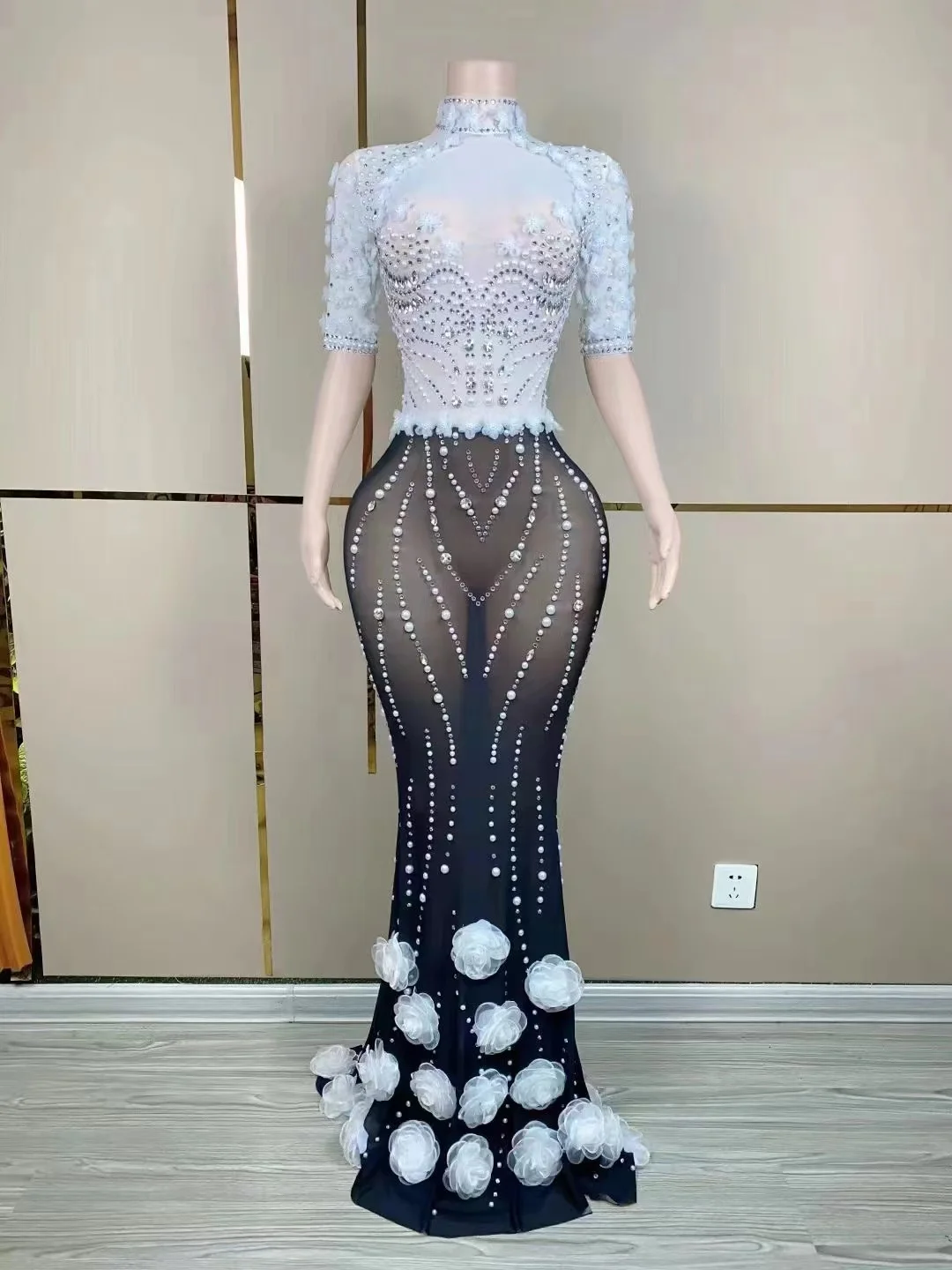 Customized New Mesh lace Pearl Transparent High Elastic Long Sleeved Sequins Sexy Tight Party Dress  Stage Performance Dress