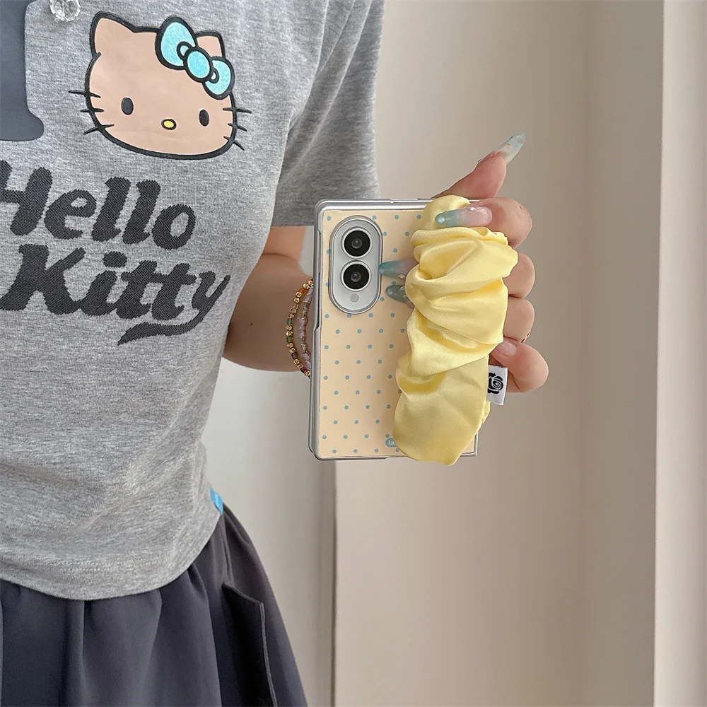 Kawaii Satin Scrunchie Strap Case For Samsung Galaxy Z Fold 8 Ultra 7 6 5 4 Checkered Polka‑Dot Pattern Cute Hard Phone Shell