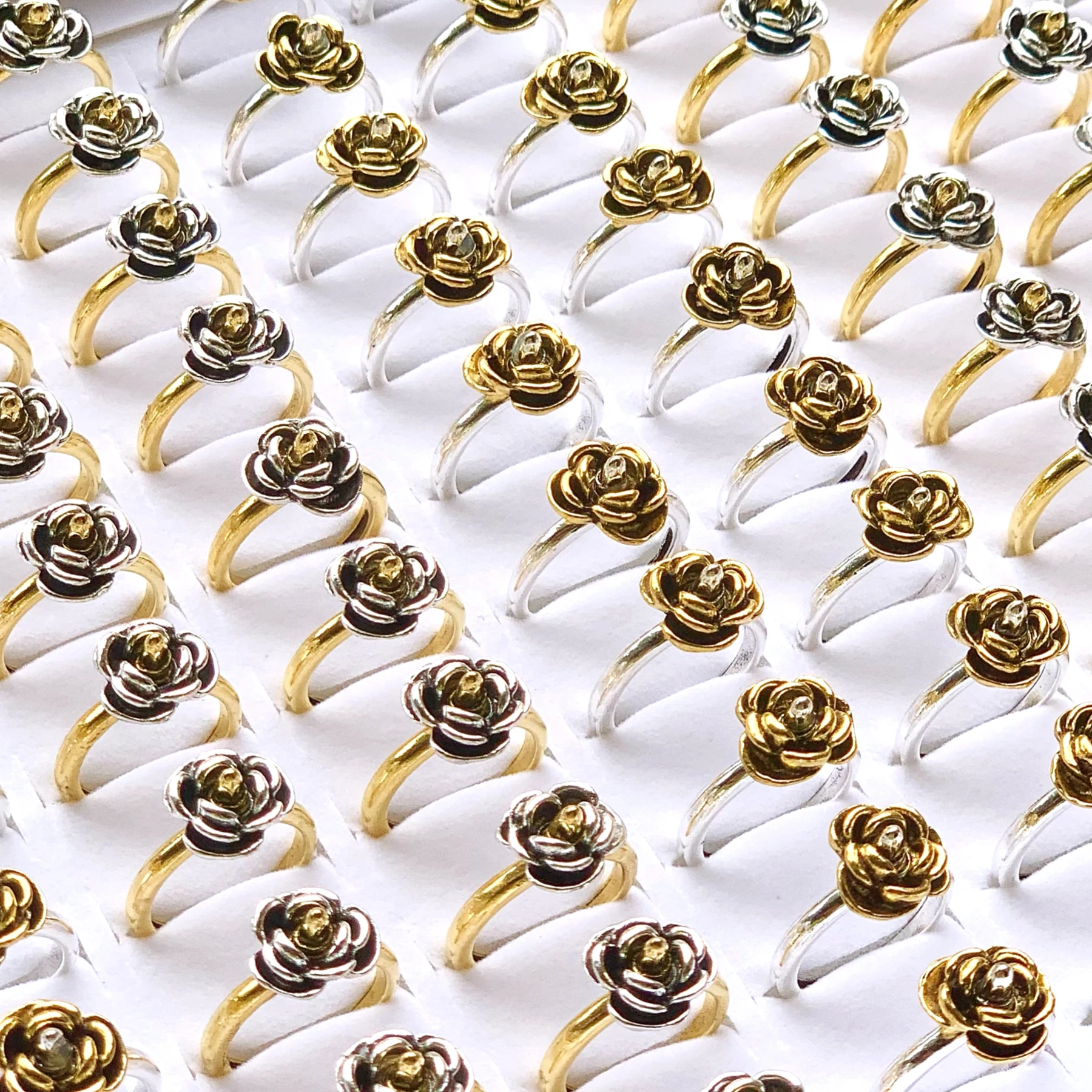 Anillos abiertos Vintage de flores chapadas en oro y plata para mujer, joyería étnica antigua de aleación de Metal, lote de 25/50 piezas, venta al por mayor