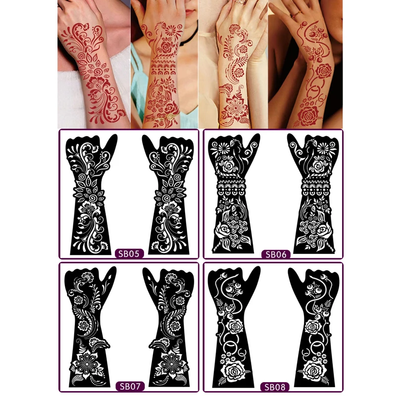 1Pair Black Hand Temporary Tattoo Stencils - Henna Flower Templates for Women’s Body Painting