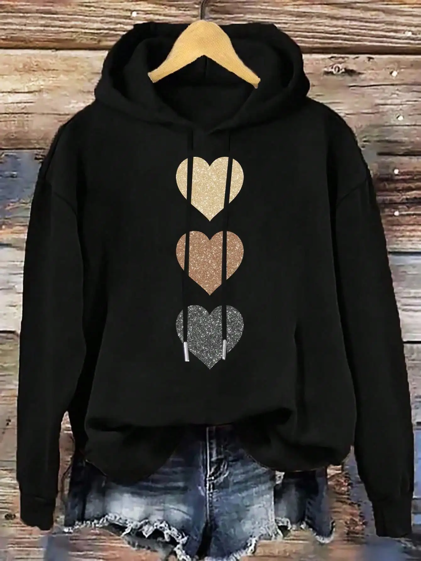 

Black Oversized Drop Shoulder Hoodie with Glitter Heart Graphic for Women