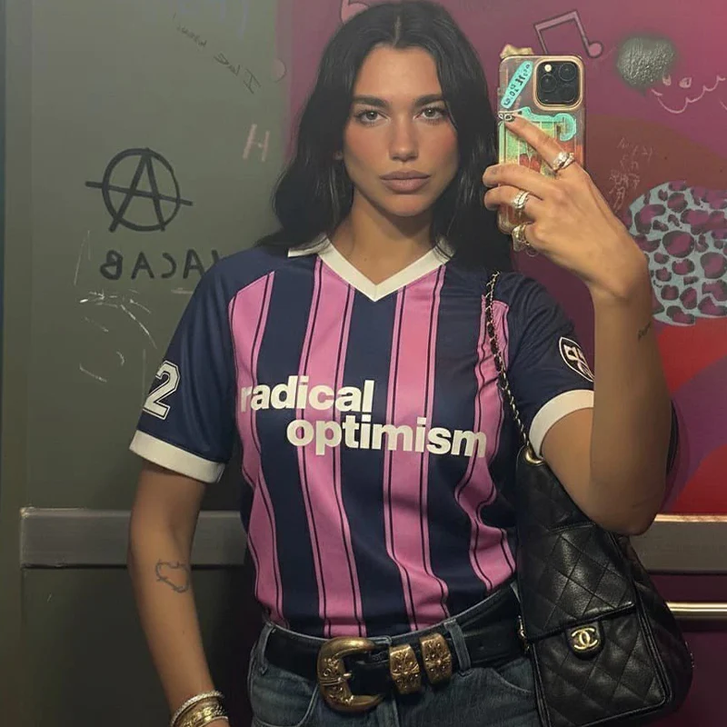 T-shirt Unisexe en Jersey à Rayures en Maille Col Polo, Coupe Ample Oversize avec Lettres, Vêtements d'Été pour Hommes et Femmes - Optimisme Radicalement Optimiste