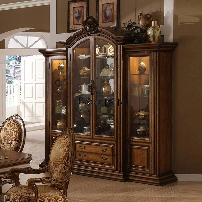 

01-*European solid wood carving flower locker American retro wall glass door display cabinet