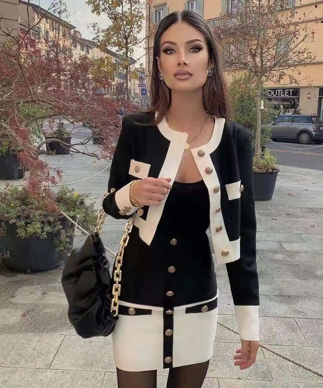 2023 Black White Patchwork Buttons Short Coat And Mini Skirt Set Elegant Woman Date Dinner Vestido Weekends Wine Party Outfit