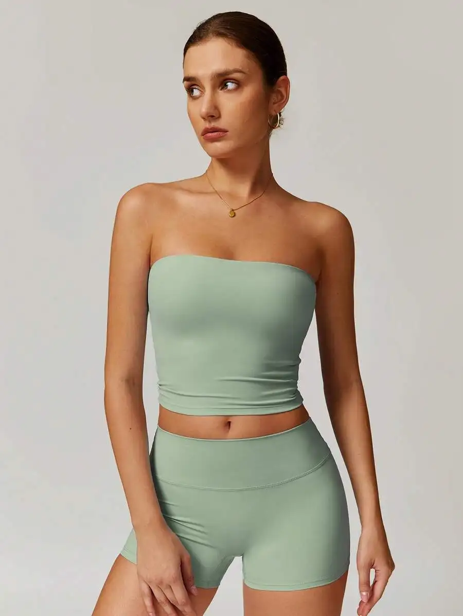 

Womens Strapless Crop Top And High Waist Shorts Set Yoga Fitness Workout Sportswear
