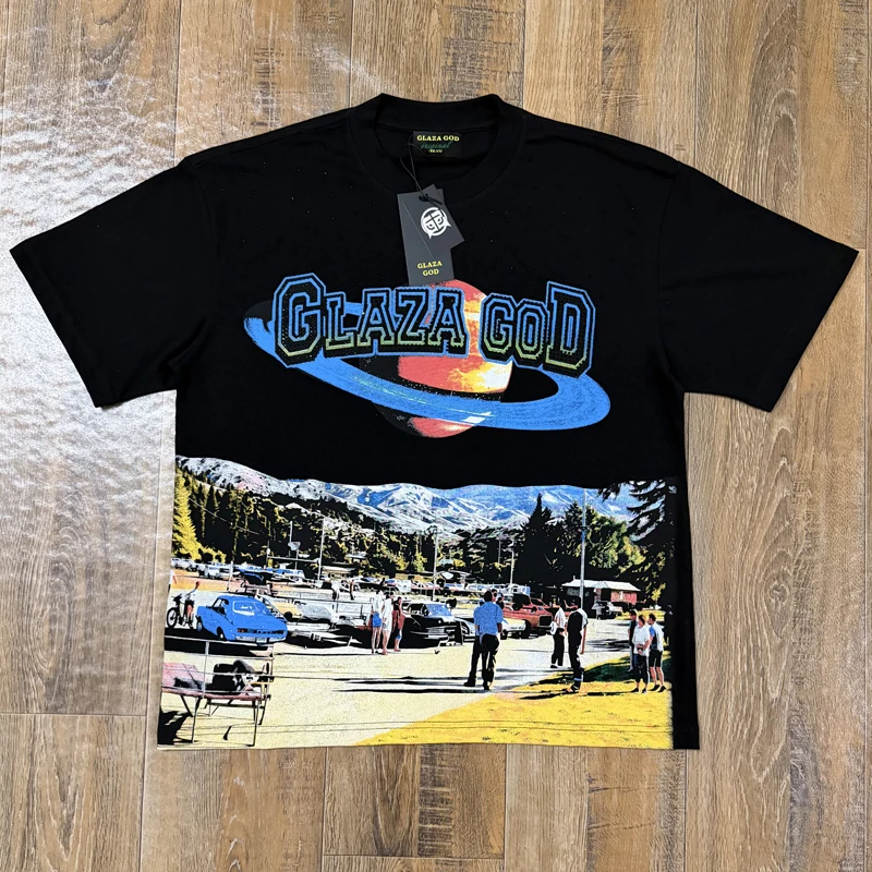New Y2K Planet Graphic GLAZA GOD Tee Retro Distressed‑Letter Street‑wear Fashion GlazaGod Short Sleeve Tops