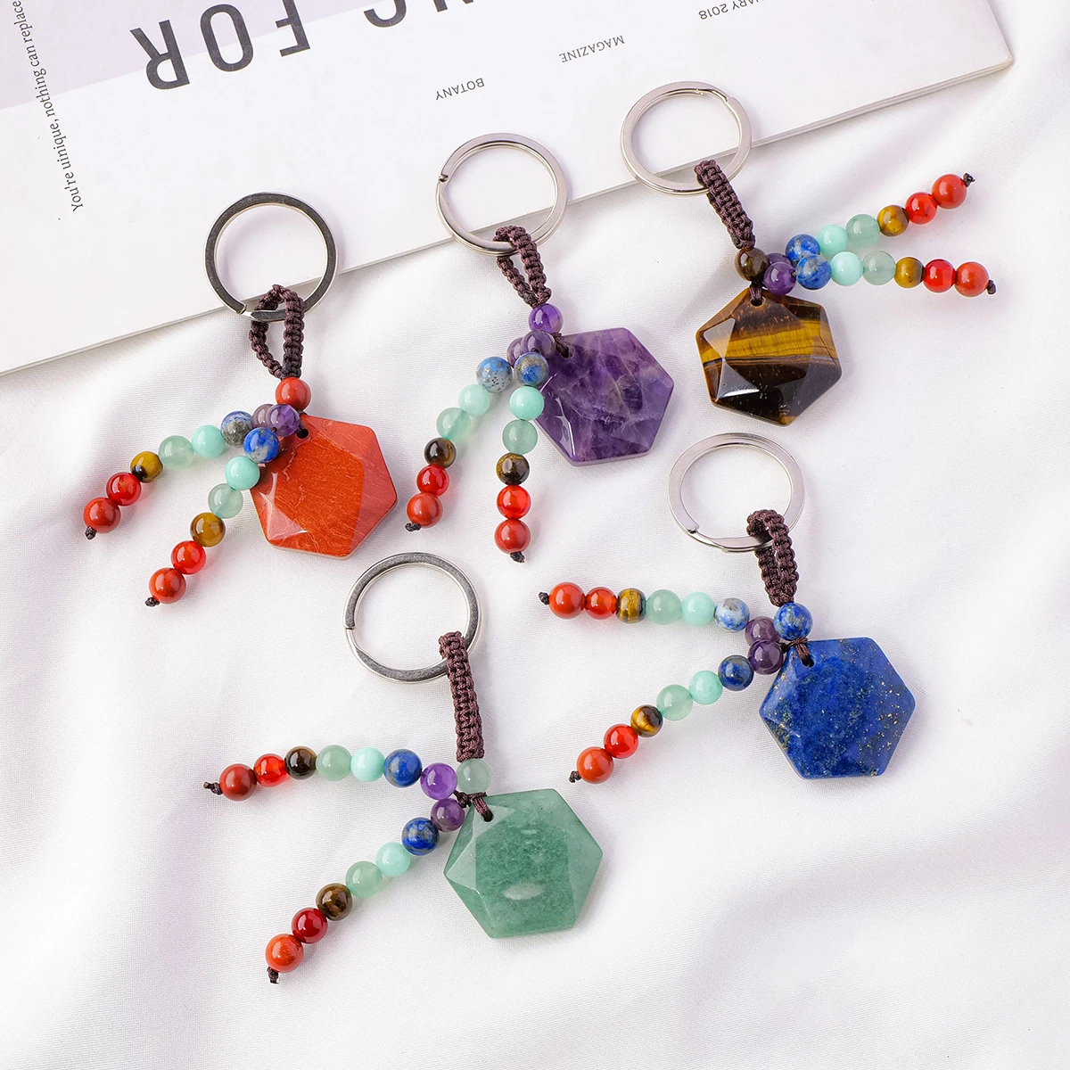 1pc Natural Crystal Hexagram Keychain Crystal Raw Stone Colorful Pendant Bag Hanging Jewelry Holiday Gift