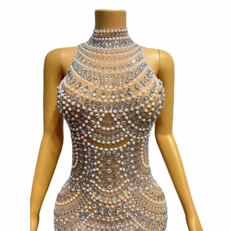 Abito lungo da donna con scollo a V profondo, senza schienale, con perline, scintillanti, maxi abito lungo da sera, festa di compleanno, regina, elegante