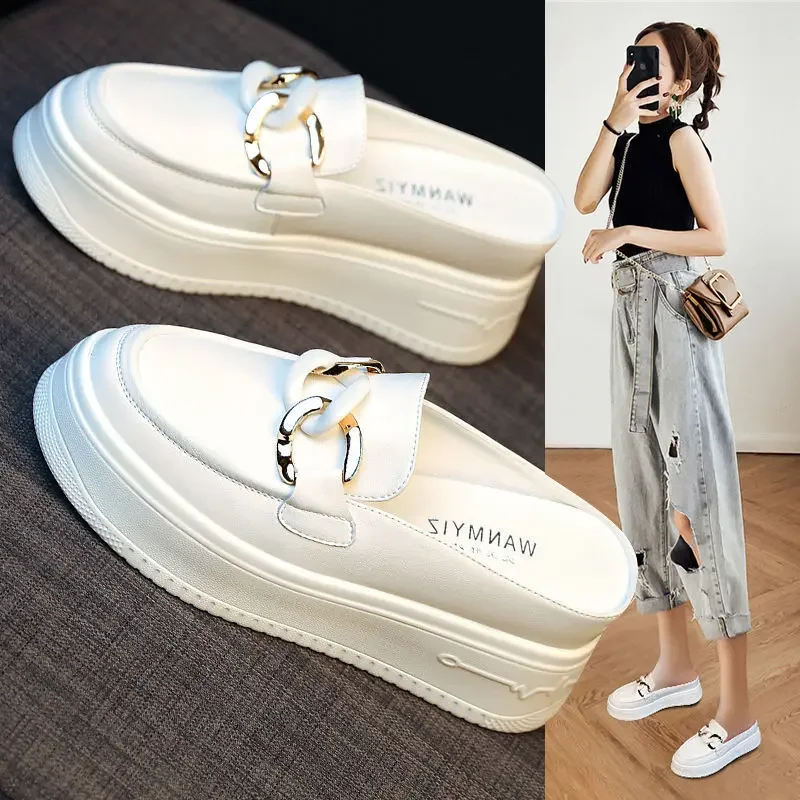 Lisapie Women Thick Soled Slippers Women's Vulcanized Shoes 2024 Summer Chain Slope Heel Increased By 7cm High-heeled Slippers