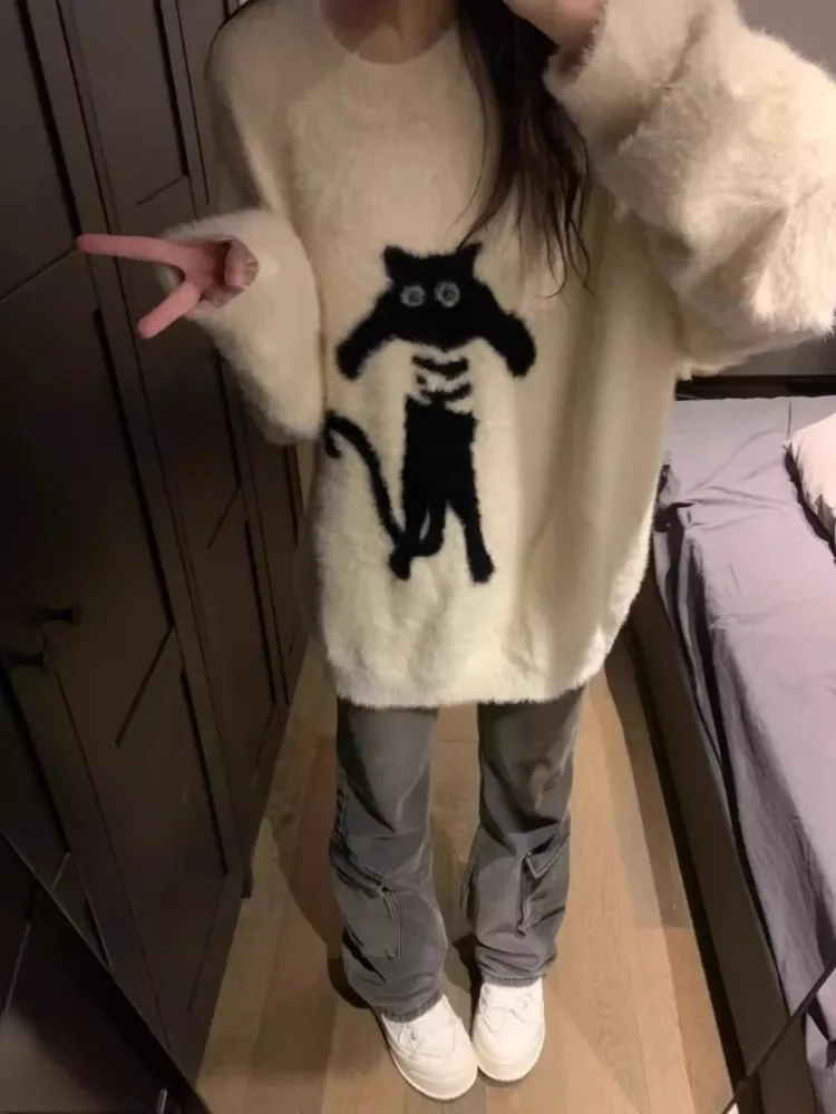 Kawaii Kitty Jacquard Sweater Women Harajuku Knitted Tops Grunge Pull Femme Japanese Y2k Aesthetic Oversized  All Match Pullover