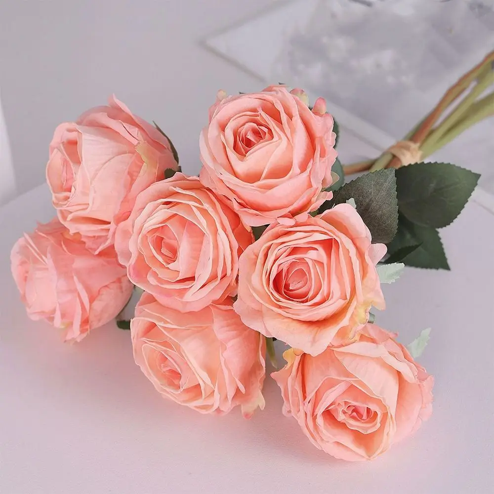 7pcs Plastic Artificial Roses Flowers Bouquet Realistic Exquisite Silk Roses Flowers Non-Fading Focal Edge Fake Flowers