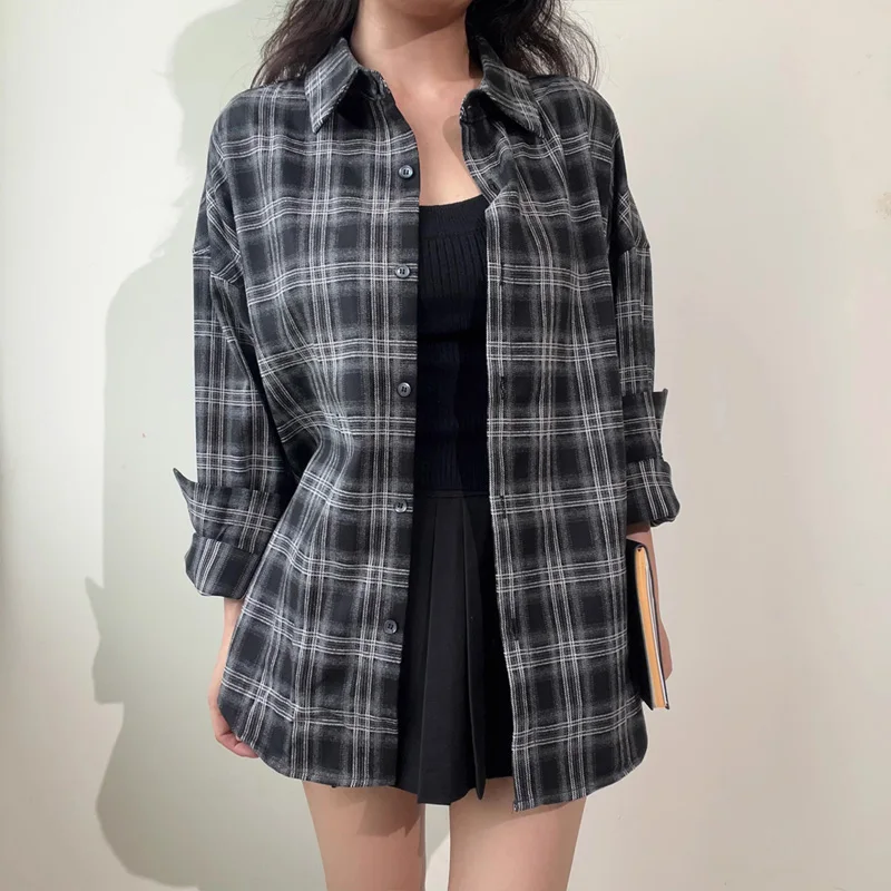 Women's Longline Oversized Shirt in Black Check