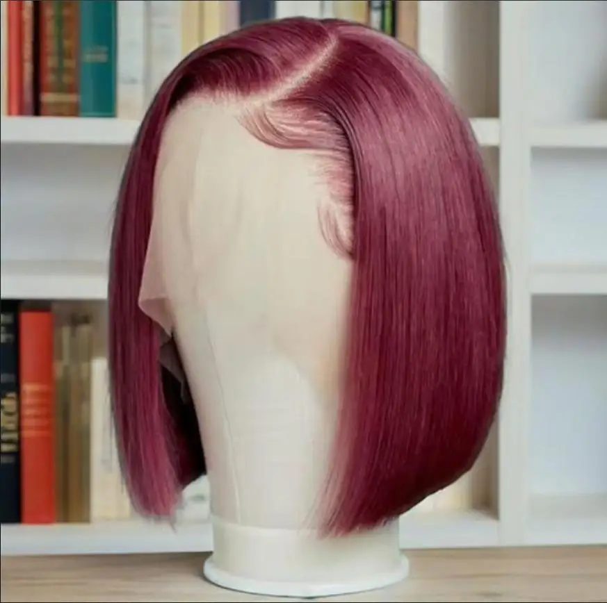 

Плотность 250 99J Бордовый 13x4 Парик Фронта Шнурка Прямой Короткий Парик Боб Человеческие Волосы 7x5 13x4 Бесклеевые Красные Парики Волос