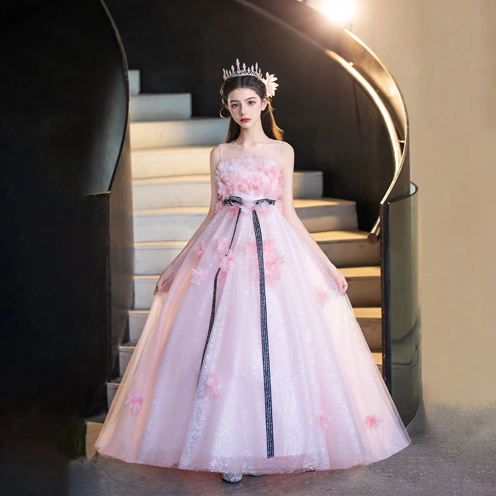 New Fashion Pink A Line Evening Dress 3D Flowers Trailing Long Dress Blue Luxurious Strapless Draped Girl's Formal Party Gowns