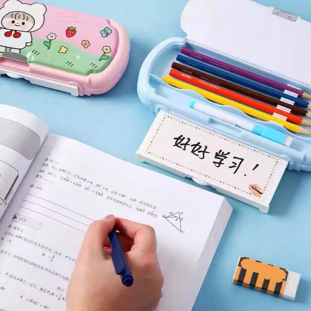 Simple Double Side Cartoon Pencil Box With Whiteboard Sweet Girl Pen Pencil Case Plastic Dustproof Stationery Holder Sundries