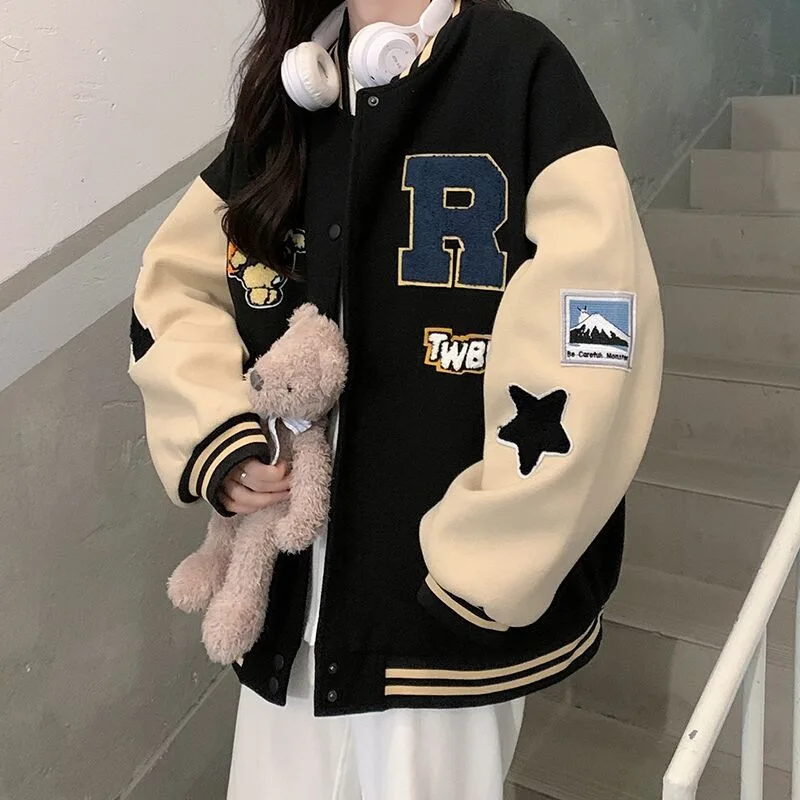 Women Student Loose Letter Printed Hoodies Autumn Padded Baseball Jersey Women American Retro Loose Sweater Women Jacket 2025
