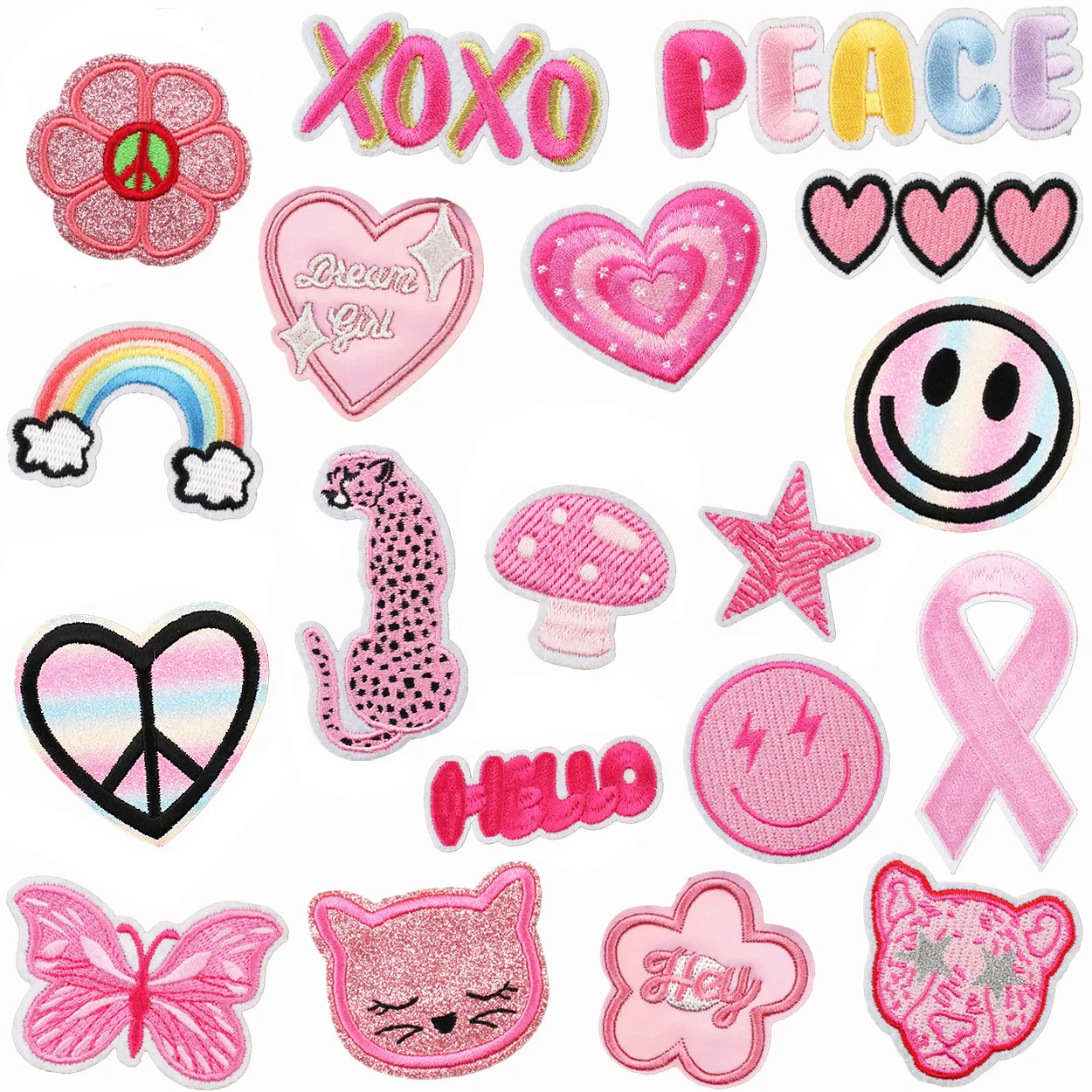 Cartoon Pink Leopard Star Rainbow Letter Embroidery Patches for Clothing Fusible Patch Iron on Clothes Hat Backpacks Sticker DIY