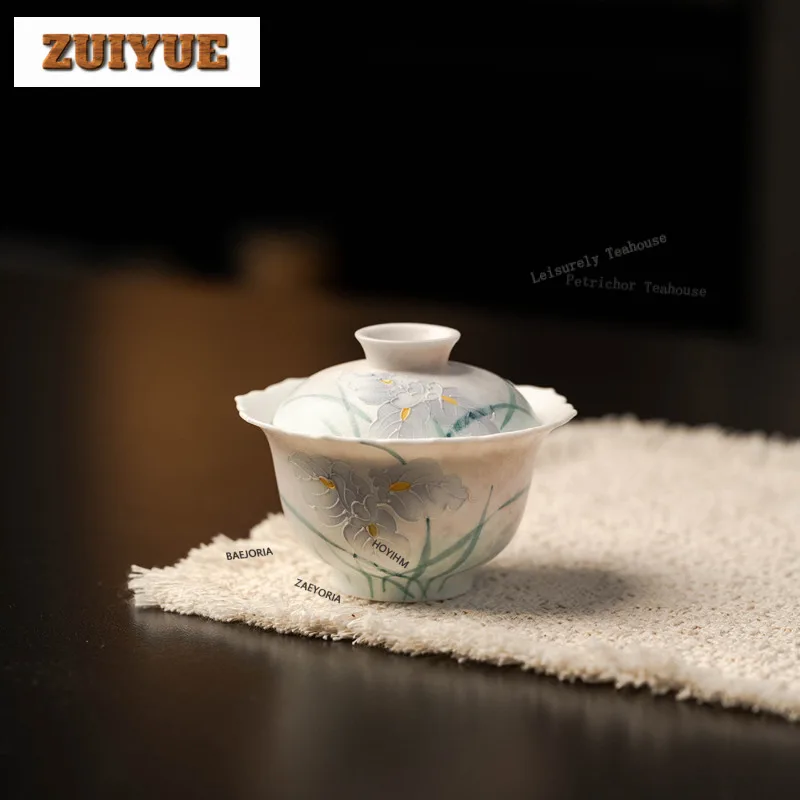 140ml Hand-painted Iris Gaiwan Vintage Anti-scald Tea Tureen Tea Bowl With Lid Kit Tea Brewing Cover Bowl For Tea Collection
