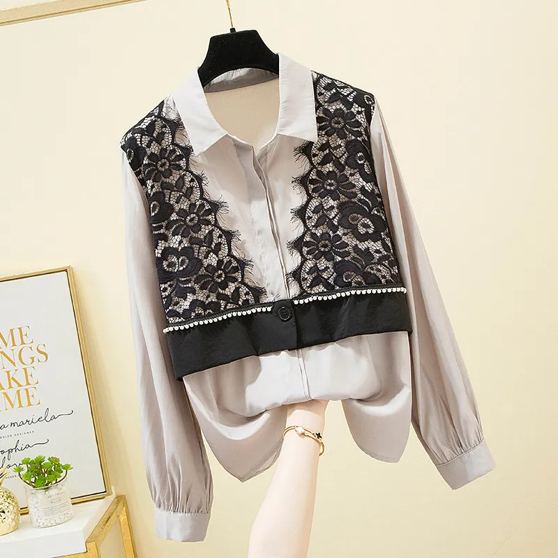 

Весенняя новая кружевная лоскутная универсальная рубашка с длинными рукавами, модный однобортный топ с воротником с лацканами и темпераментом для поездок на работу