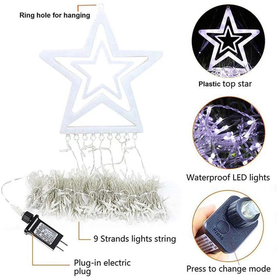 8 Modes LED Stars Waterfall Fairy String Lights Outdoor Waterproof Christmas Garland Lights for Villa Garden Wedding Party Decor