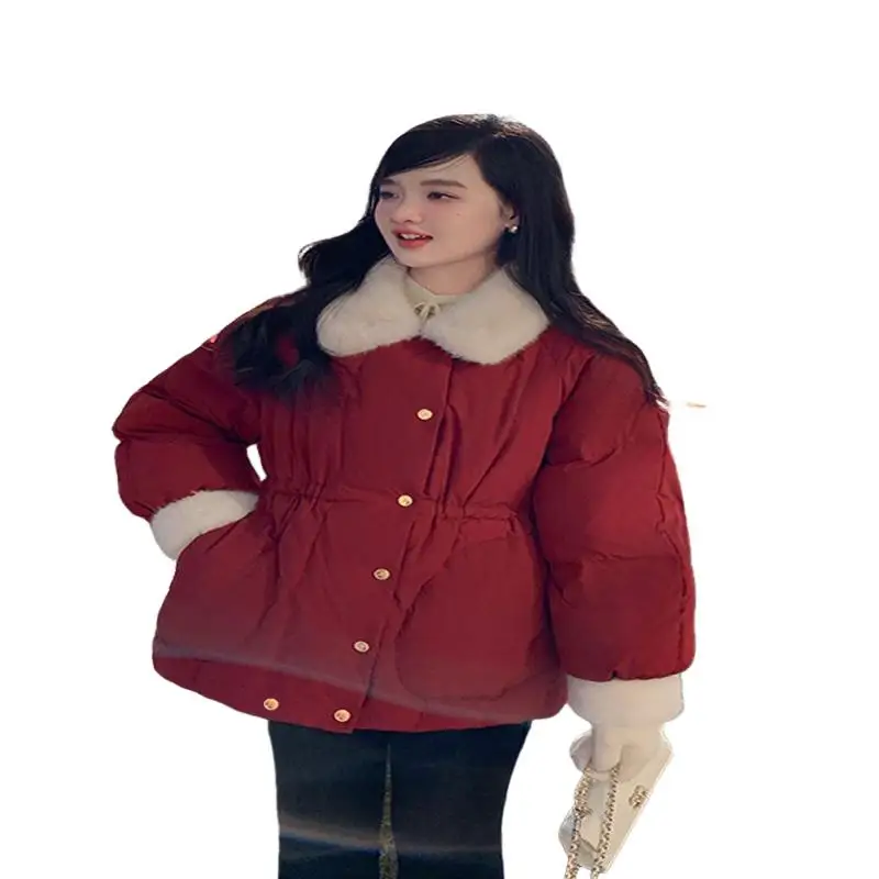 Women's Padded Jacket Outdoor Daily Wear Winter Down Cotton Jacket Short Waist Belted Thickened Warm Faux Fur Collar Coat Tops