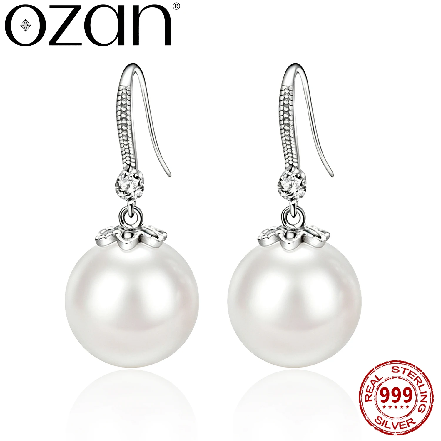 

OZAN 925 Sterling Silver Dangle Drop Earrings Round Shell Pearl 10mm 12mm 14mm Trendy Classic Women's Jewelry Anniversary Gift