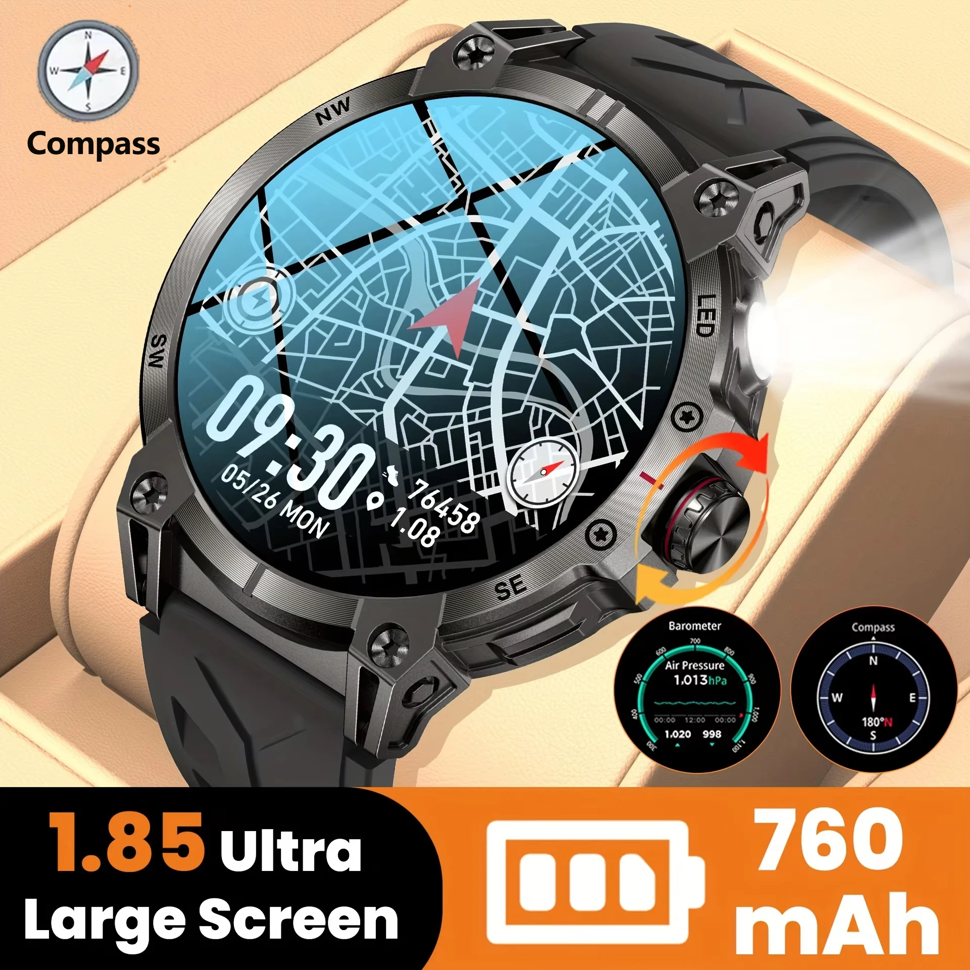 LIGE New Men Smart Watch 760mah Large Battery 1.85'' Screen LED Flashlight Compass 100+ Sports Tracker Bluetooth Call Smartwatch