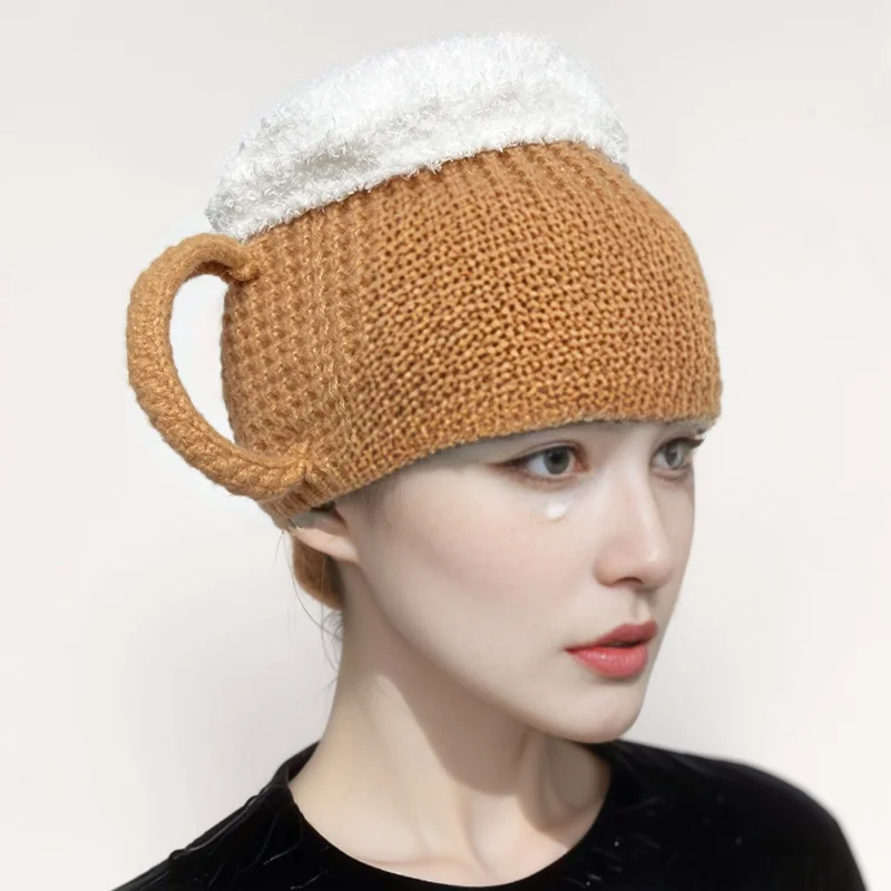 Knitted Hat Warm Beanie Party Hairline Cap Fun 3D Beer Cup Hats for Women Men Beer Lovers Ear Warmers New Year Valentine\'s Gifts