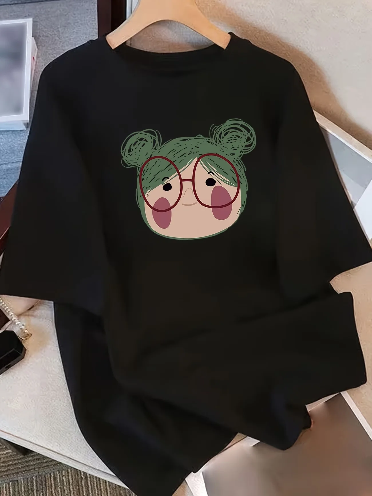 Kawaii Glasses Girl Graphic T-Shirt Women Cute Cartoon Bun Hair Print Short Sleeve Tee Summer Casual Harajuku Style Sweet Top