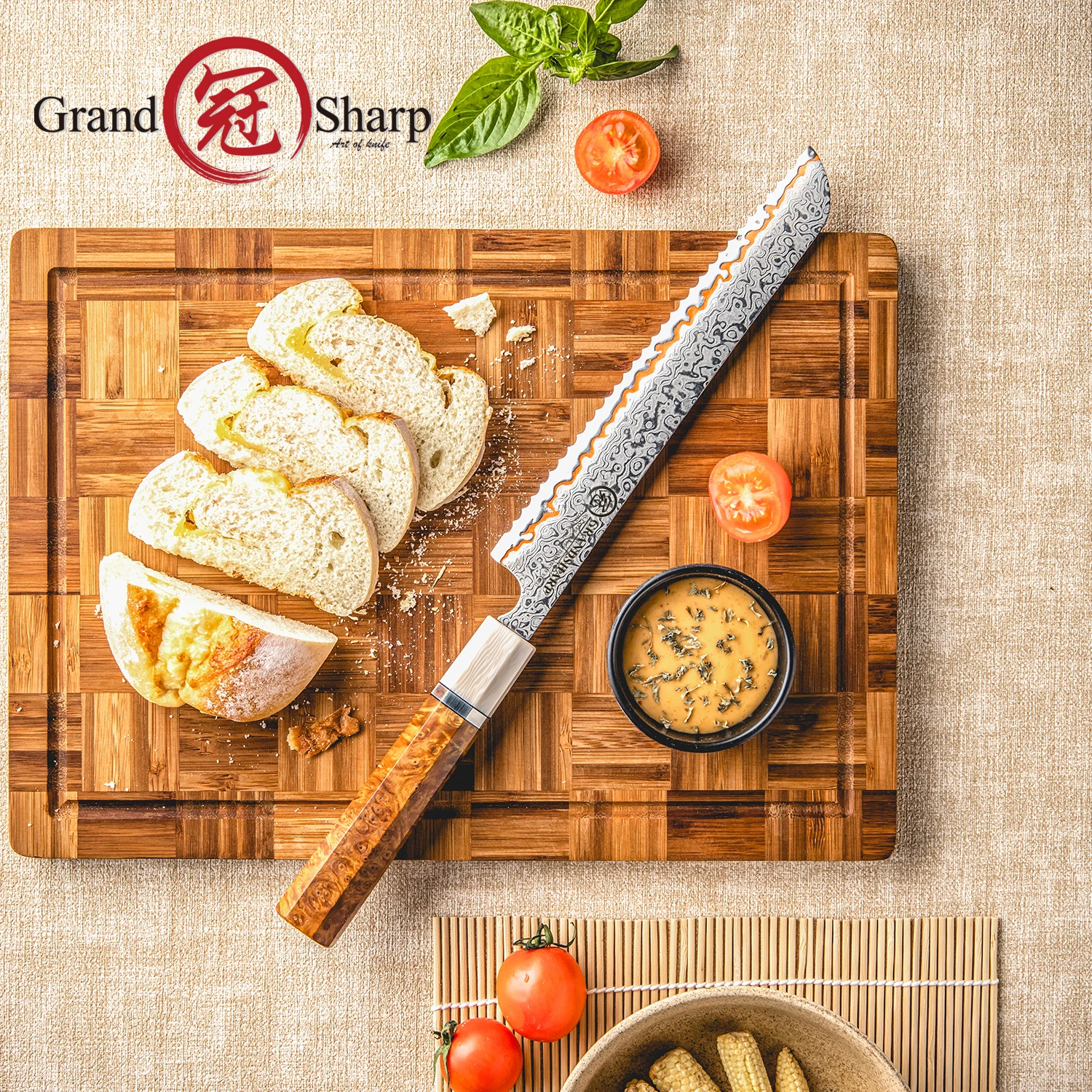 

Grandsharp 8 Inch Bread Knife 55 Layers Copper Damascus 10Cr15CoMoV Core Solidified Wood Handle Serrated Edge Bread Cutter