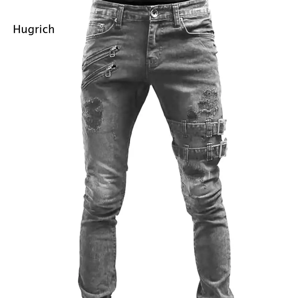 Slim Fit Ripped Denim Long Pants For Men Metal Zipper And Adjustable Strap Buckle Accents Washed Fabric For Urban Street Outfits