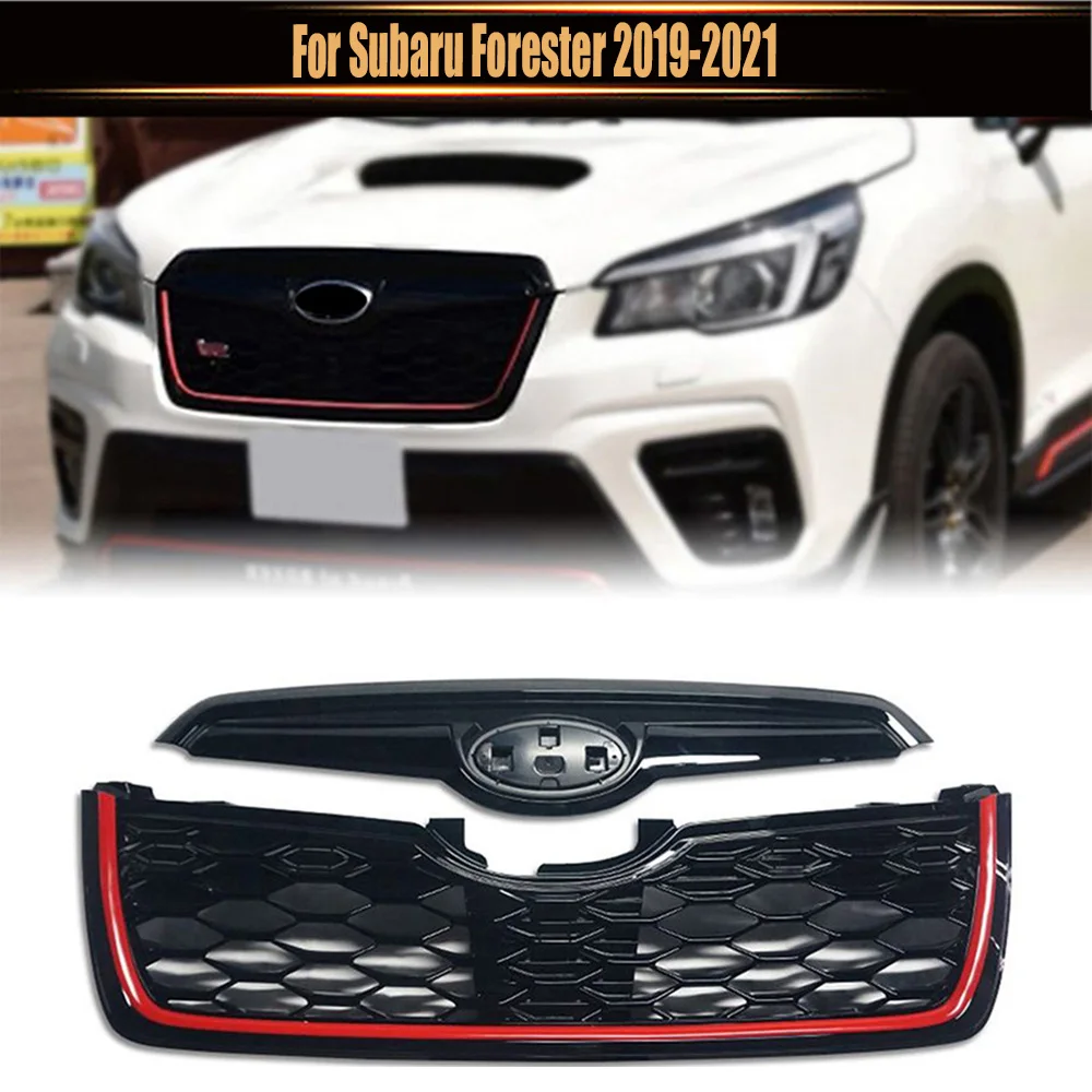 

For Subaru Forester 2019-2021Bumper Grille Abs Sport X-Break Style Front Grill Mesh Kit Upper-Lower GLoss Black W. Red Strip