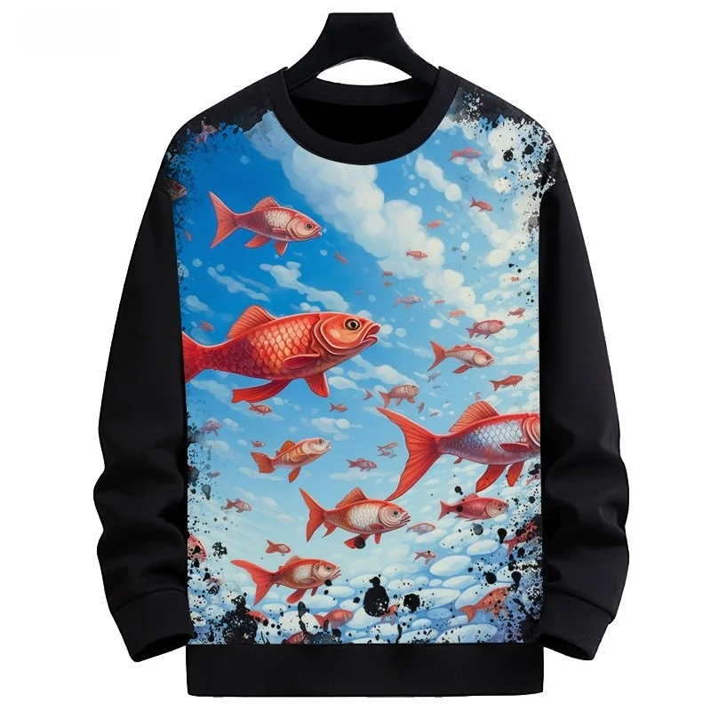 Sweater Pria Longgar Berlapis Fce dengan Pola Ikan Mas Cetak Digital, Gaya Kasual Bisnis Musim Dingin, Serat Poliester