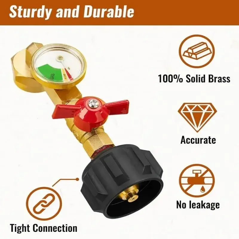 Propane Refill Elbow Adapter With Tank Gauge Solid Brass Propane Refill Pressure Adapter With On-Off Valve For Camping