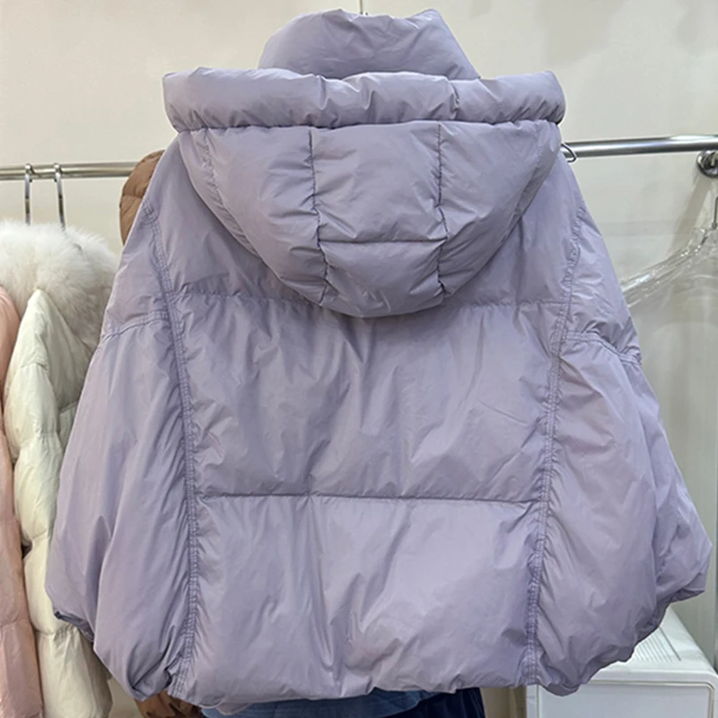 Schinteon Damen-Daunenjacke mit weißer Ente und Kapuze, lässig, über Größe, Herbst und Winter, warm, locker, koreanischer Stil, Oberbekleidung, 2023, Neu