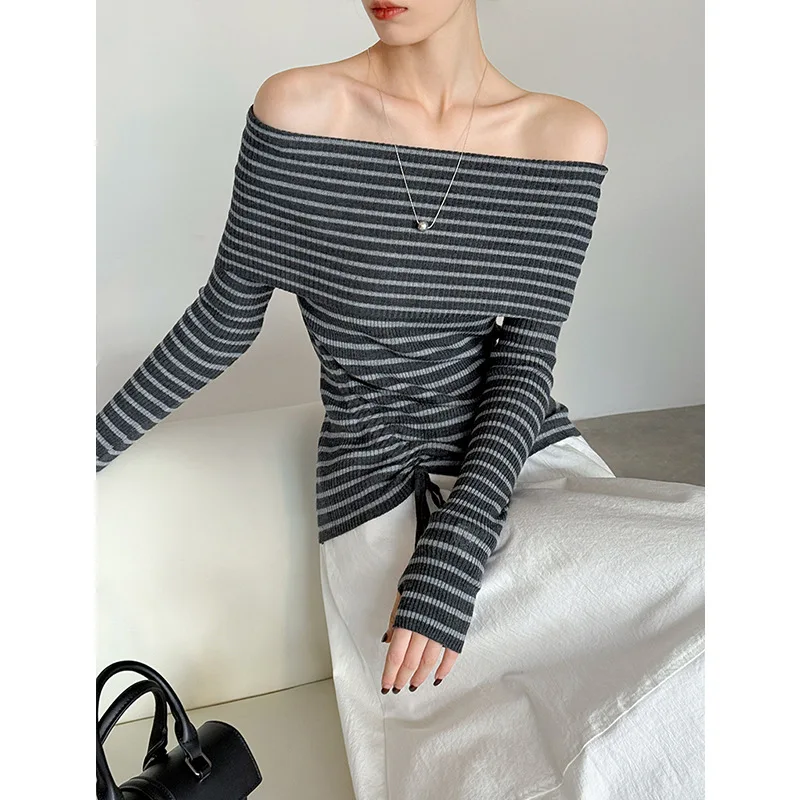 Pre-autunno New Light Mezza spalla T-shirt a maniche lunghe a righe Autunno da donna Dimagrante Top monospalla