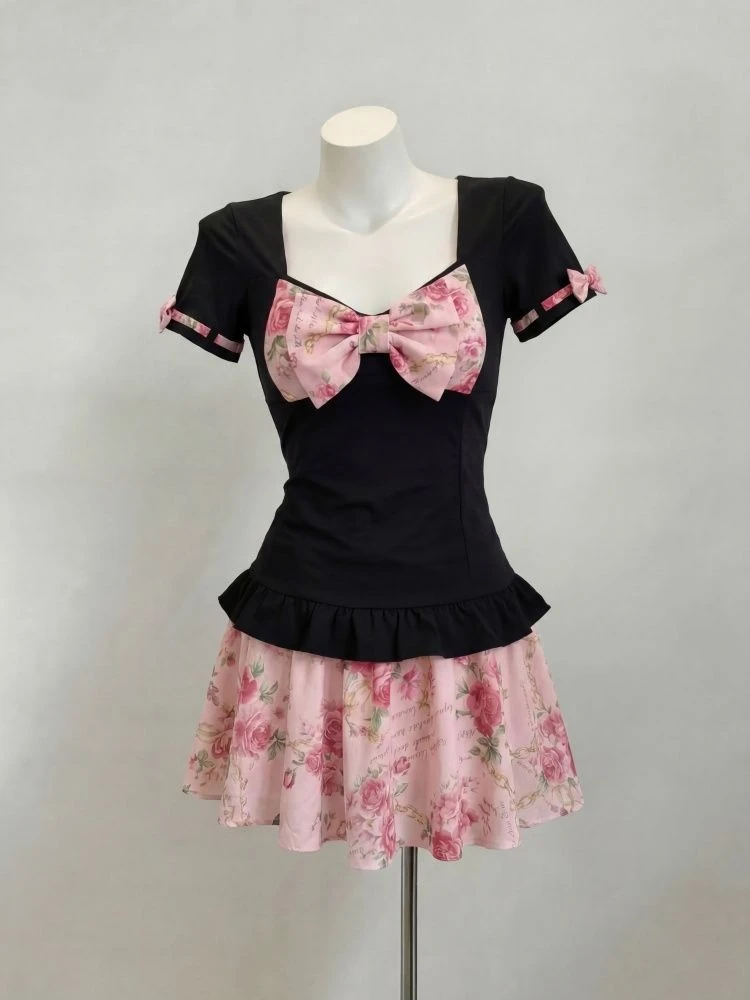 Women's Sweet Floral Print Two Piece Set Fairy Bow Slim Ruffle Crop Top + High Waist Mini Skirt Y2K Harajuku Fashion Skirt Set